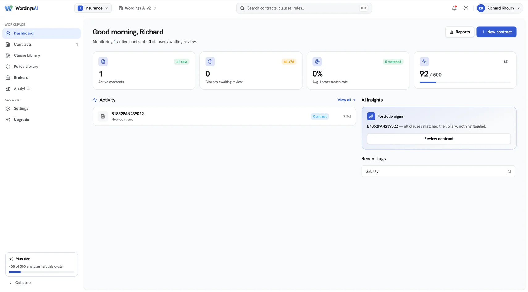 WordingsAI insurance workspace dashboard