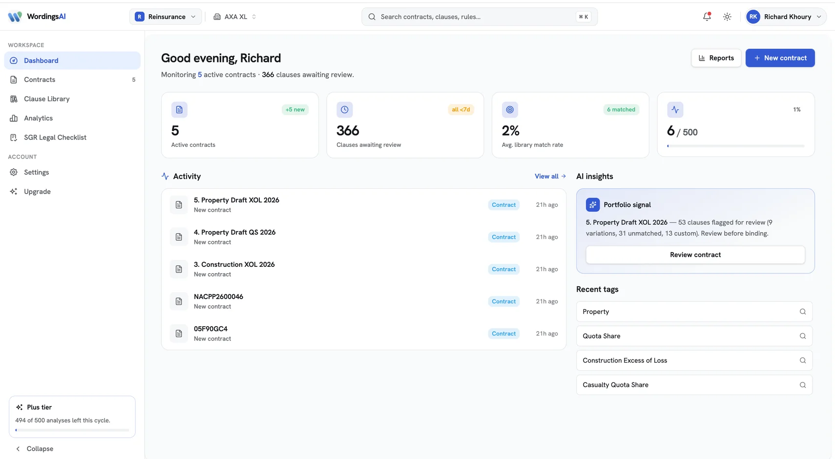WordingsAI reinsurance dashboard